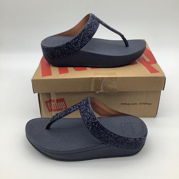 Fitflop Fino Quartz Midnight Navy Toe Post Sandals US 6 Sparkly Embellished New - Picture 1 of 7